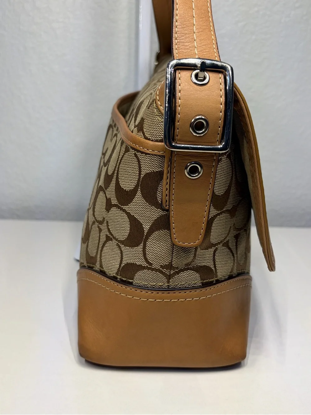 Y2K COACH Signature Jacquard Shoulder/ Crossbody Bag with Khaki/Caramel Trim